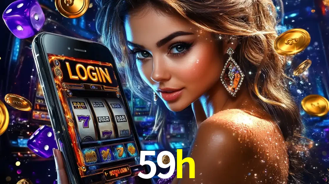 Mulher glamorosa segurando um smartphone com a tela de login para os jogos de caça-níqueis do cassino online 59h, com moedas de ouro e dados ao redor.