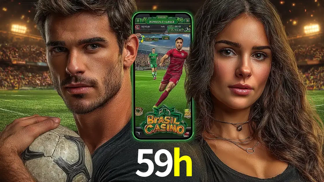 Homem segurando uma bola de futebol e uma mulher ao lado de um smartphone exibindo o jogo de apostas esportivas da 59h. Faça seu palpite no cassino online.